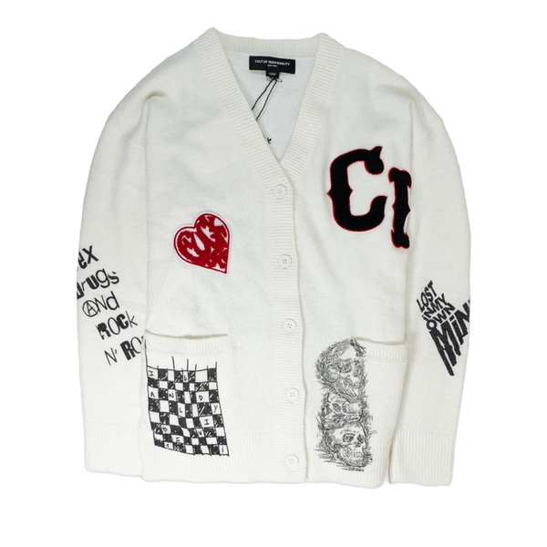 CULT OF INDIVIDUALITY COLLEGIATE CARDIGAN SWEATER 623B11-CS111A WHITE