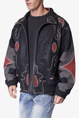 MNML Rodeo Leather Bomber Jacket - Black/Red (Rodeo-Leather-Bomber-Jacket-Black-Red)