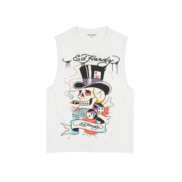Ed Hardy Skull Top Hat Mens Cut Off Tee (EHMD1000-8) White