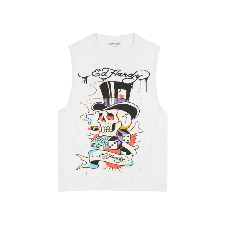 Ed Hardy Skull Top Hat Mens Cut Off Tee (EHMD1000-8) White